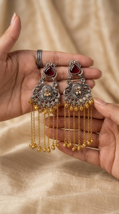 Vintage Oxidized Silver Dual-Tone Statement Jhumka Earrings with Chain Tassels | Jewels by Sadaf