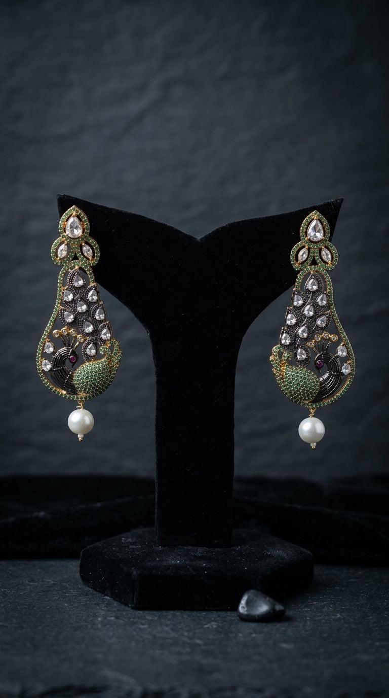 Traditional Peacock Kundan & Green Stone Dangle Earrings with Pearl Drops (Pair) | Jewels by Sadaf