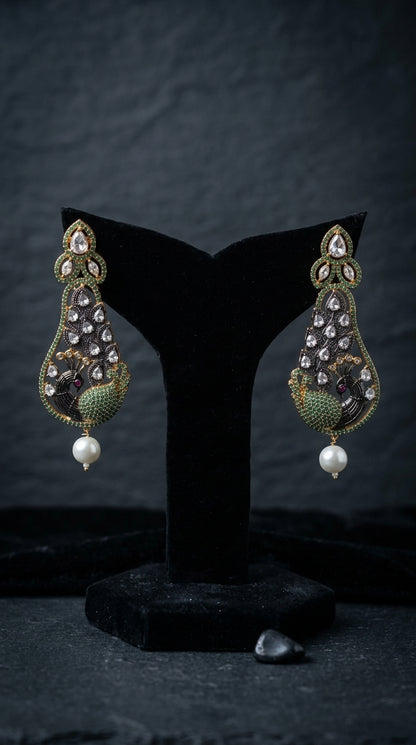 Traditional Peacock Kundan & Green Stone Dangle Earrings with Pearl Drops (Pair) | Jewels by Sadaf