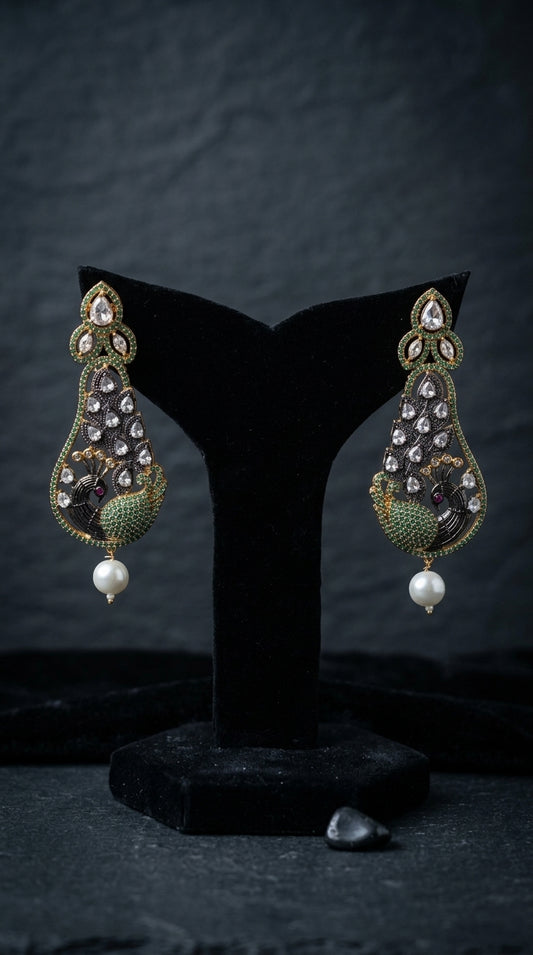 Traditional Peacock Kundan & Green Stone Dangle Earrings with Pearl Drops (Pair) | Jewels by Sadaf