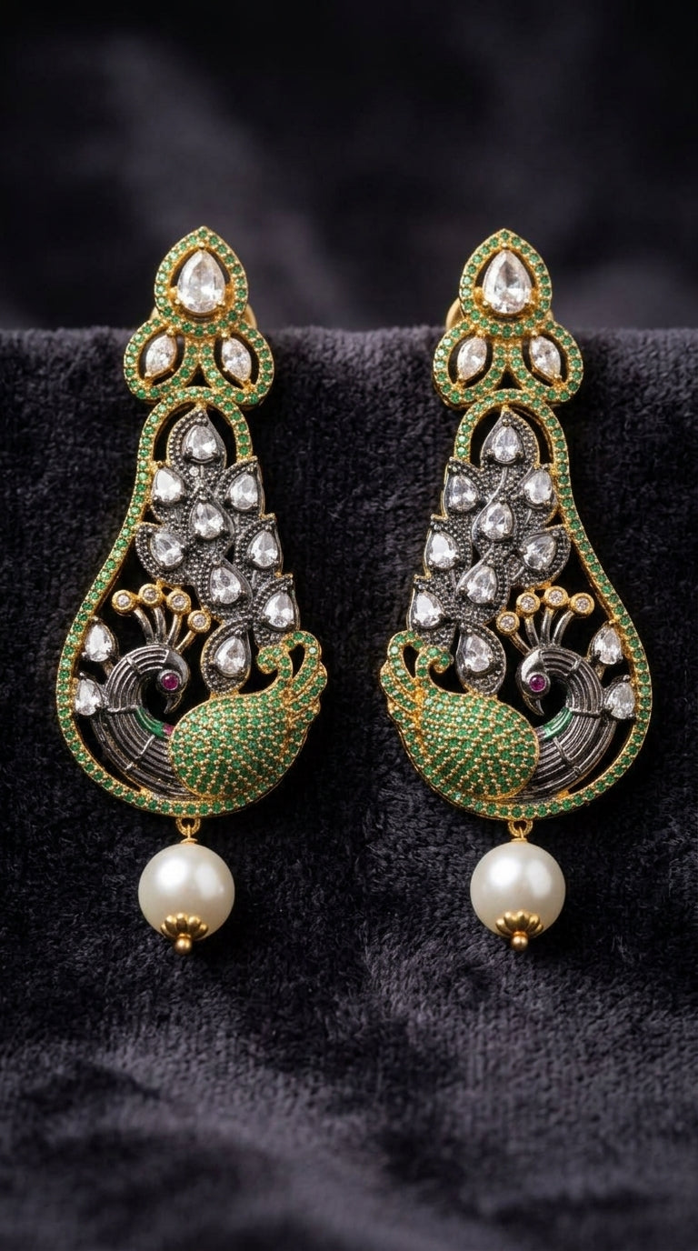 Traditional Peacock Kundan & Green Stone Dangle Earrings with Pearl Drops (Pair) | Jewels by Sadaf