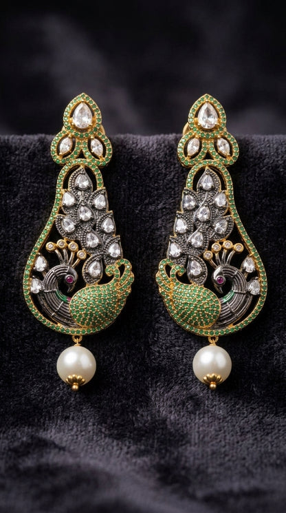 Traditional Peacock Kundan & Green Stone Dangle Earrings with Pearl Drops (Pair) | Jewels by Sadaf