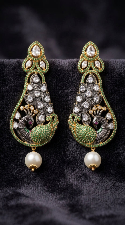 Traditional Peacock Kundan & Green Stone Dangle Earrings with Pearl Drops (Pair) | Jewels by Sadaf
