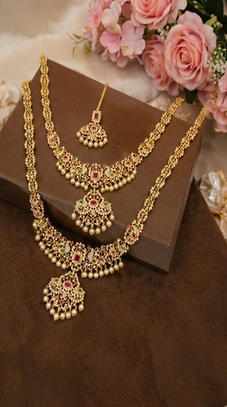 Traditional Gold-Plated Bridal Jewelry Set | Necklace, Earrings & Maang Tikka | Jewels by Sadaf
