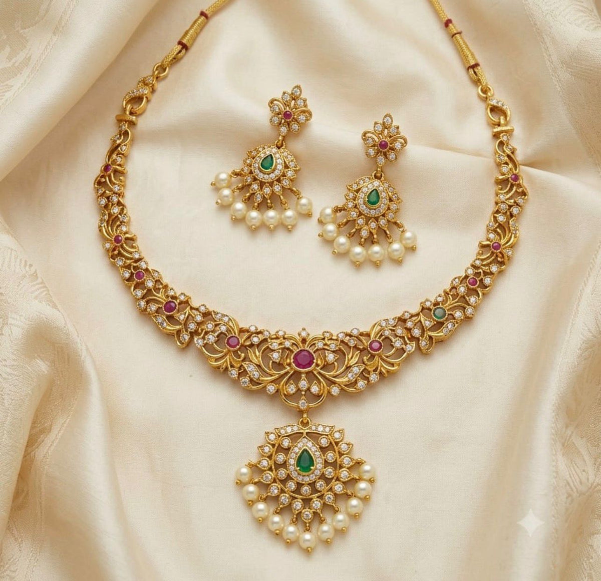 Traditional Matte Gold Temple Necklace & Earring Set | Jewels by Sadaf