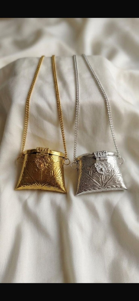 Vintage Engraved Metallic Mini Bag Pendant Necklace | Jewels by Sadaf