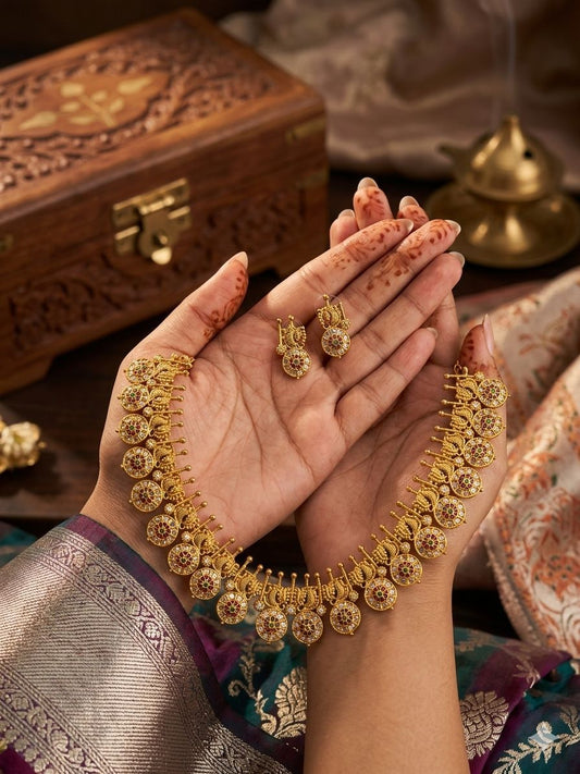 Traditional Gold-Plated Coin Floral Necklace & Matching Stud Earrings Set | Jewels by Sadaf