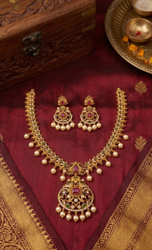 Antique Temple Style Peacock Necklace Set with Pearl Drops | Jewels by Sadaf