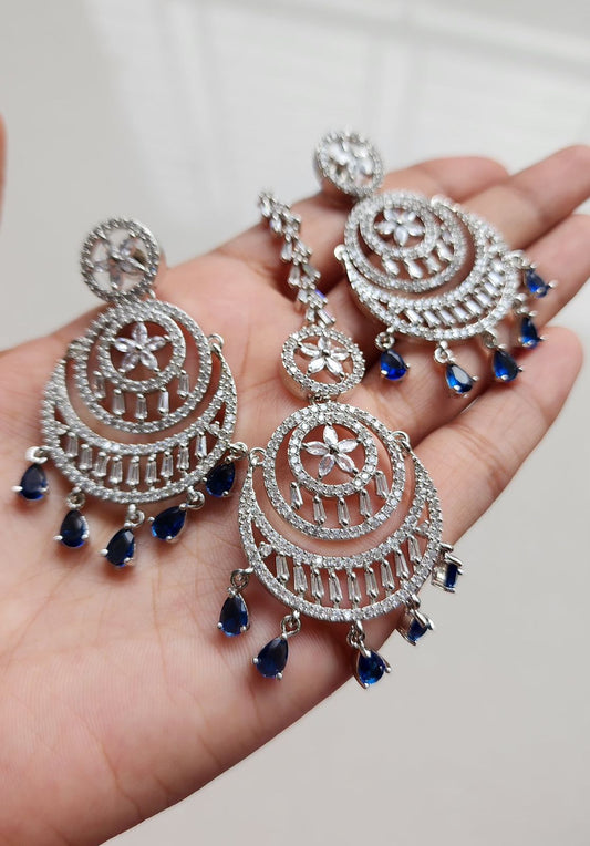 Modern Diamond-Look Sapphire Blue Chandbali Earrings Set with Maang Tikka | Jewels by Sadaf