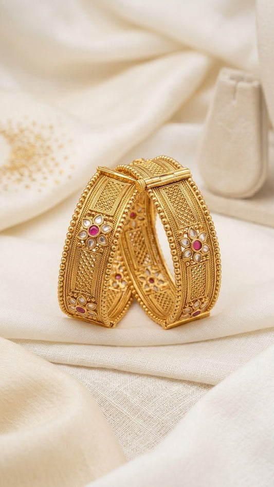Majestic Gold-Plated Kundan & Ruby Bangle Pair (Set of 2) | Jewels by Sadaf