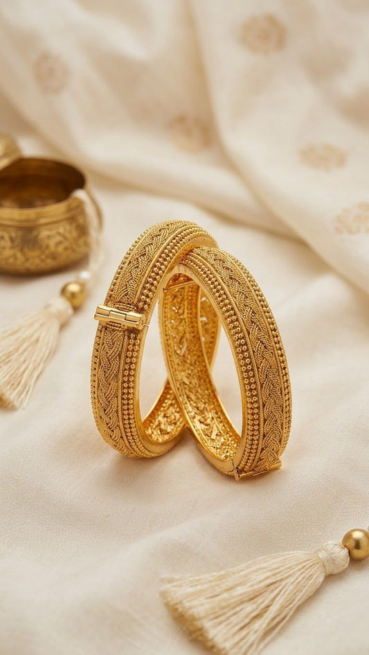 Heritage Textured Gold-Plated Openable Kara Bangles Pair (Set of 2) | Jewels by Sadaf