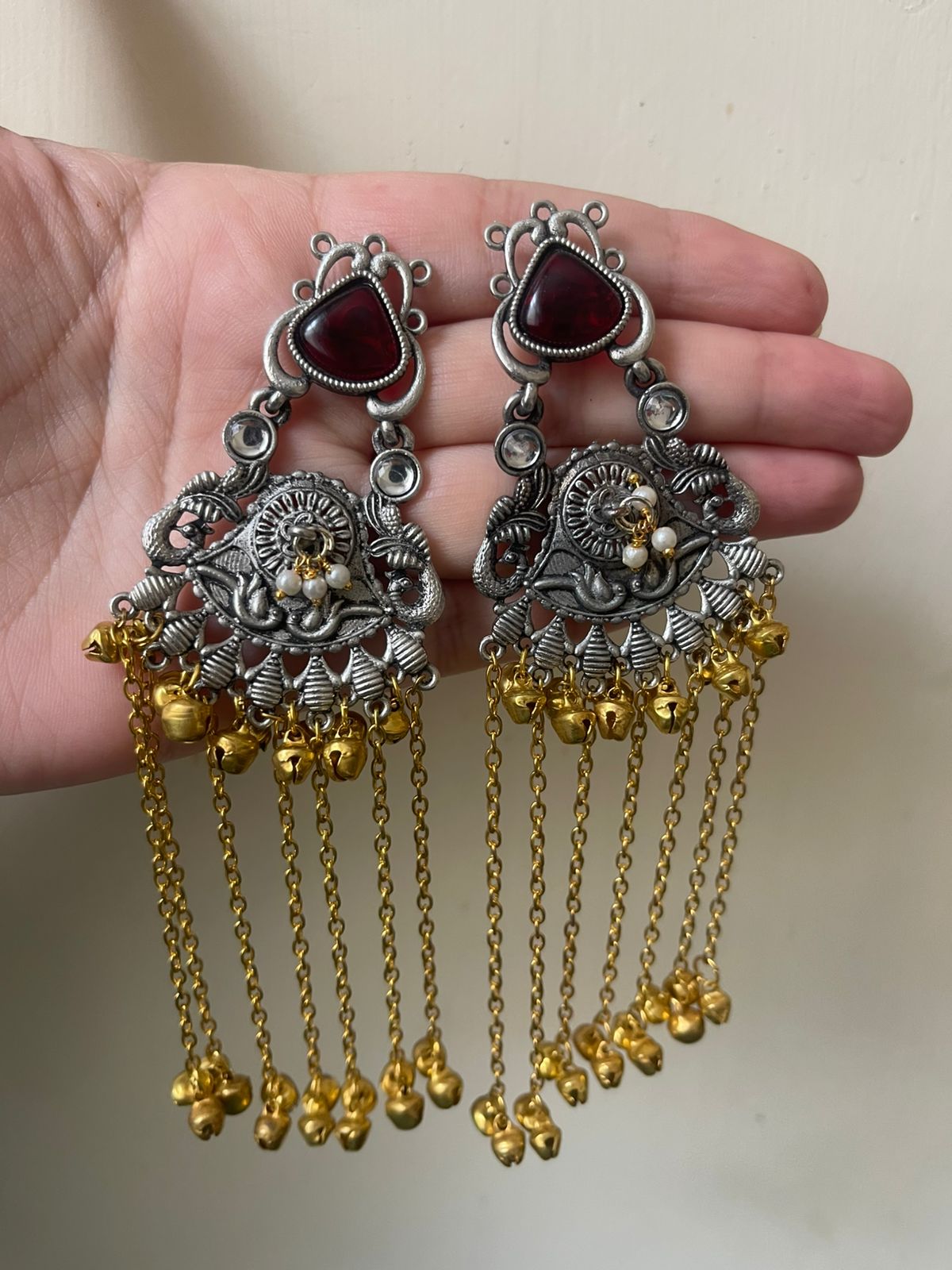 Vintage Oxidized Silver Dual-Tone Statement Jhumka Earrings with Chain Tassels | Jewels by Sadaf