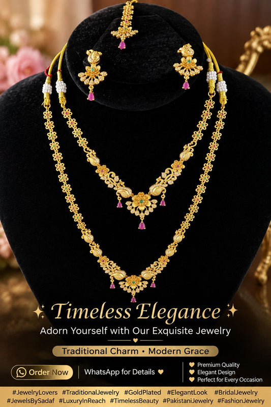 Traditional Gold-Plated Long Haram & Short Necklace Set with Earrings & Maang Tikka | Jewels by Sadaf