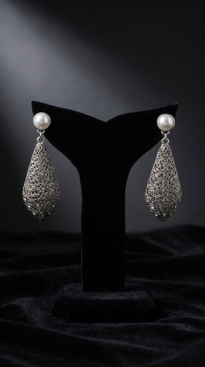 Elegance Pearl Stud & Mesh Filigree Teardrop Dangle Earrings (Pair) | Jewels by Sadaf