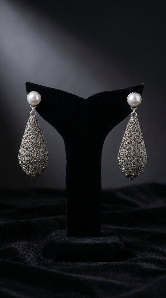 Elegance Pearl Stud & Mesh Filigree Teardrop Dangle Earrings (Pair) | Jewels by Sadaf