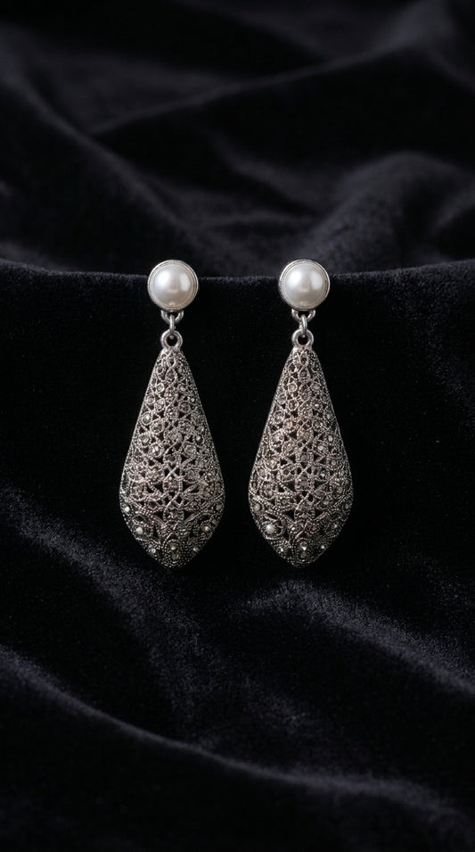 Elegance Pearl Stud & Mesh Filigree Teardrop Dangle Earrings (Pair) | Jewels by Sadaf