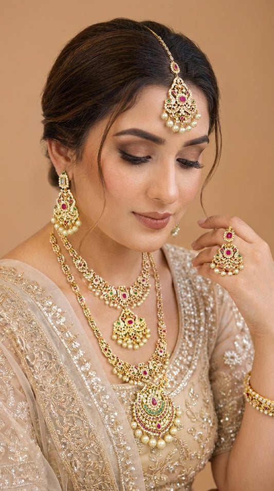 Traditional Gold-Plated Bridal Jewelry Set | Necklace, Earrings & Maang Tikka | Jewels by Sadaf
